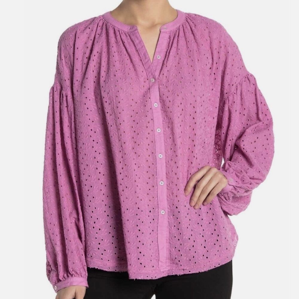 Free People Pink Embroidered Eyelet Button-Up Cotton Blouse